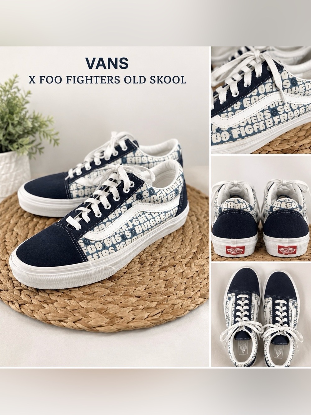 Rare Custom Foo Fighters Vans Navy and White Graphic Low-Top Sneakers w dust bag